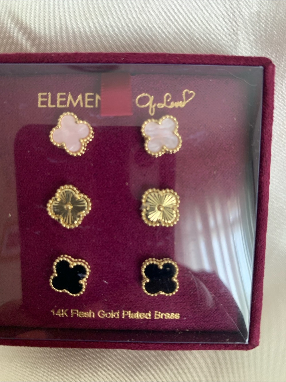 Element 3-Pair Clover Stud Earring Set in Pink, Black & Gold